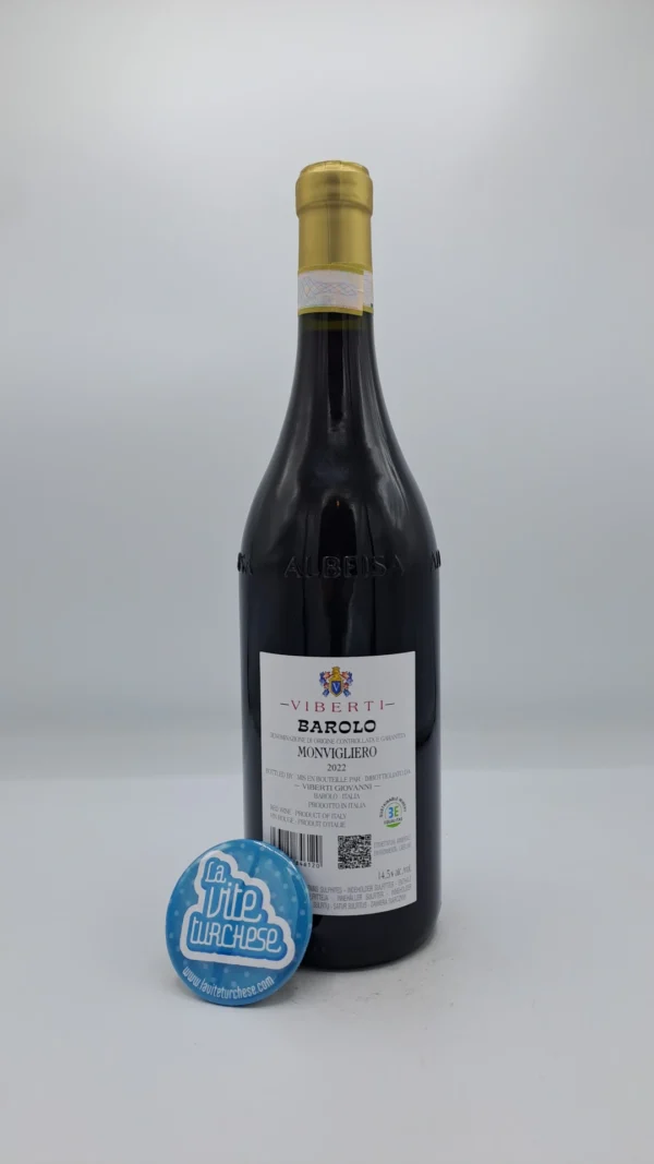 Giovanni Viberti – Barolo Monvigliero – 2022 - back Giovanni Viberti – Barolo Monvigliero prodotto nella vigna più importante di Verduno, meno di 3660 bottiglie prodotte. 2 anni di invecchiamento.