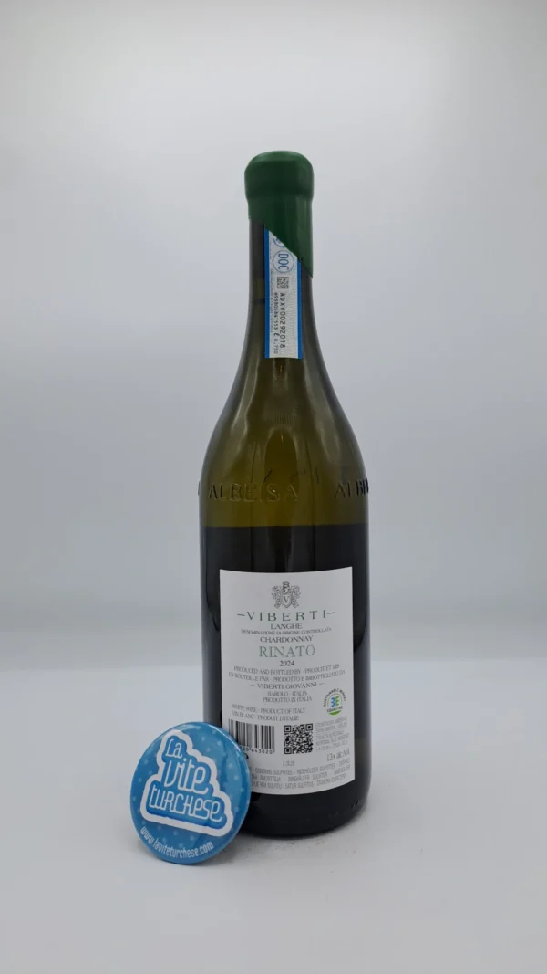 Giovanni Viberti – Langhe Chardonnay Rinato – 2024 - back Giovanni Viberti – Langhe Chardonnay Rinato prodotto a Barolo con piante di 30 anni, invecchiato per 60% in botti di legno.
