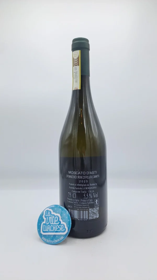 La Morandina - Moscato d'Asti - 2025 - back La Morandina - Moscato d'Asti prodotto dalla famiglia Morando a Castiglione Tinella, vinificato in autoclave. Vino da dessert.